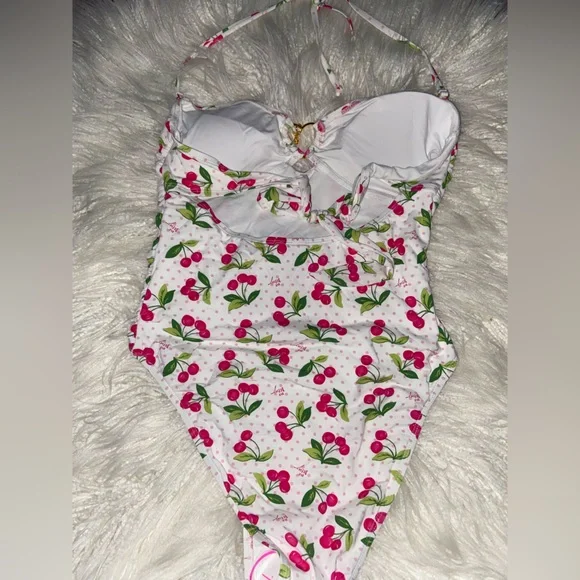 Betsey Johnson White Cherry-Print Ruched Bikini-Style Swimsuit set